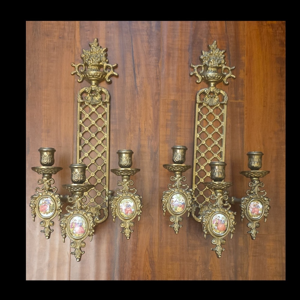 Pair of Vintage French Brass 3-Arm Wall Sconces, Rococo RevivalSigned Fragonard